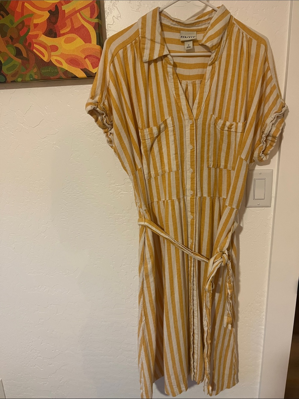 Linen Yellow and White Striped Midi Dress